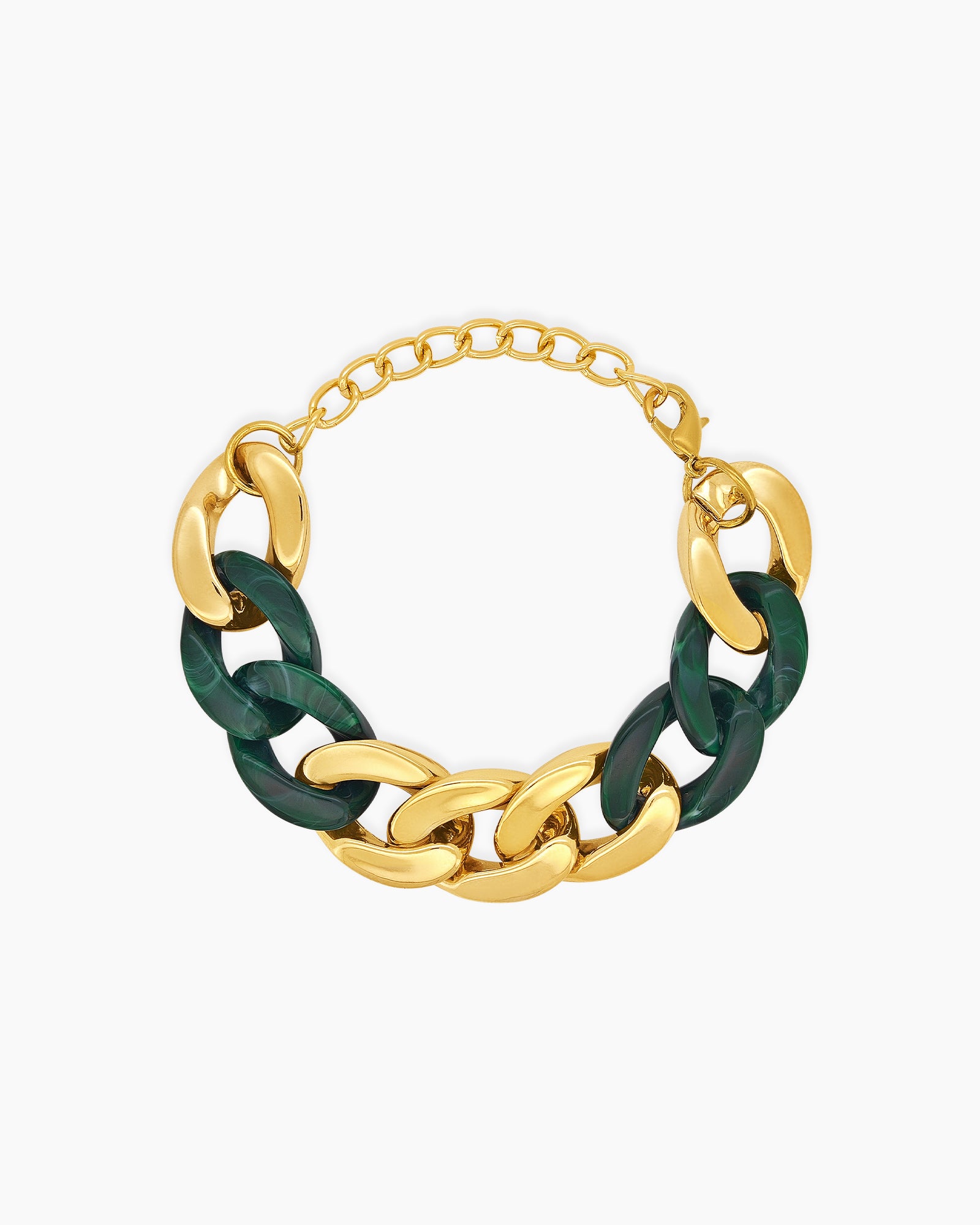 A bold dark-green bracelet with chunky marbled acrylic links intertwined with high-shine gold-tone metal