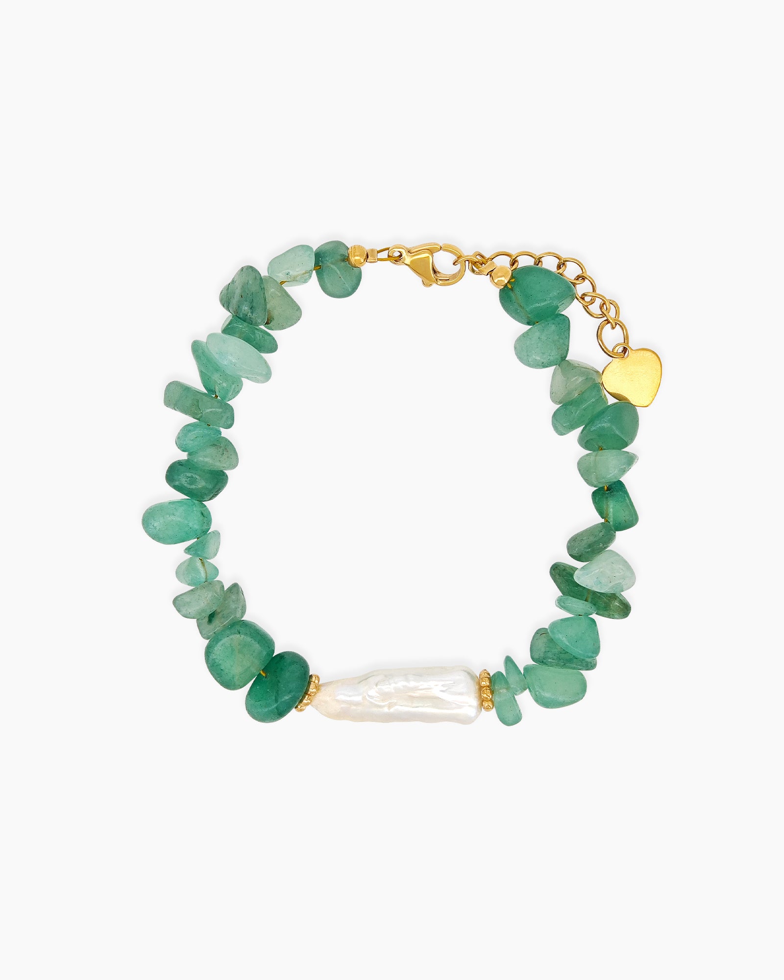 A bracelet of natural green quartz chips, anchored by a luminous baroque pearl at its center