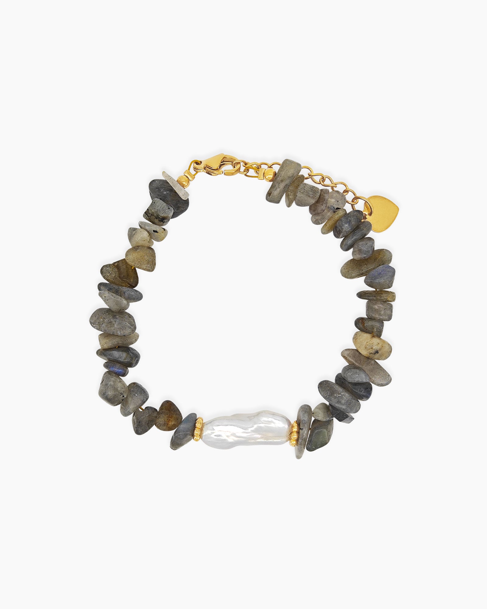 A bracelet of natural gray quartz chips, anchored by a luminous baroque pearl at its center