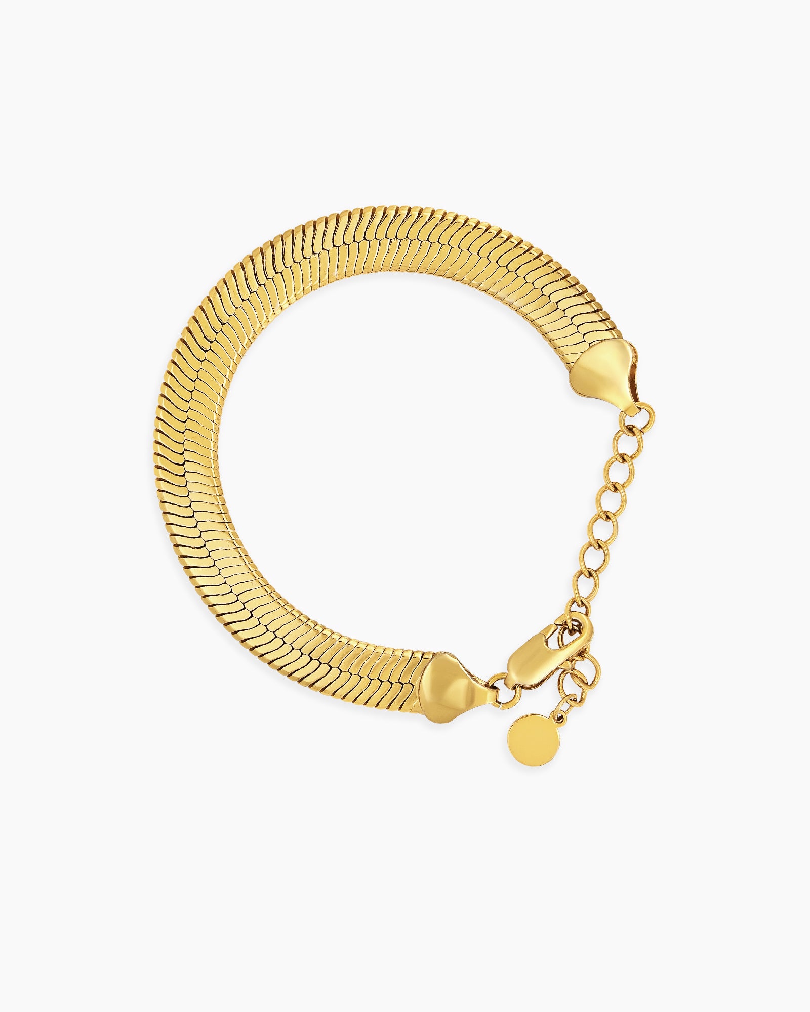 A sleek, flat snake chain bracelet with a high-shine gold finish for a smooth, fluid look