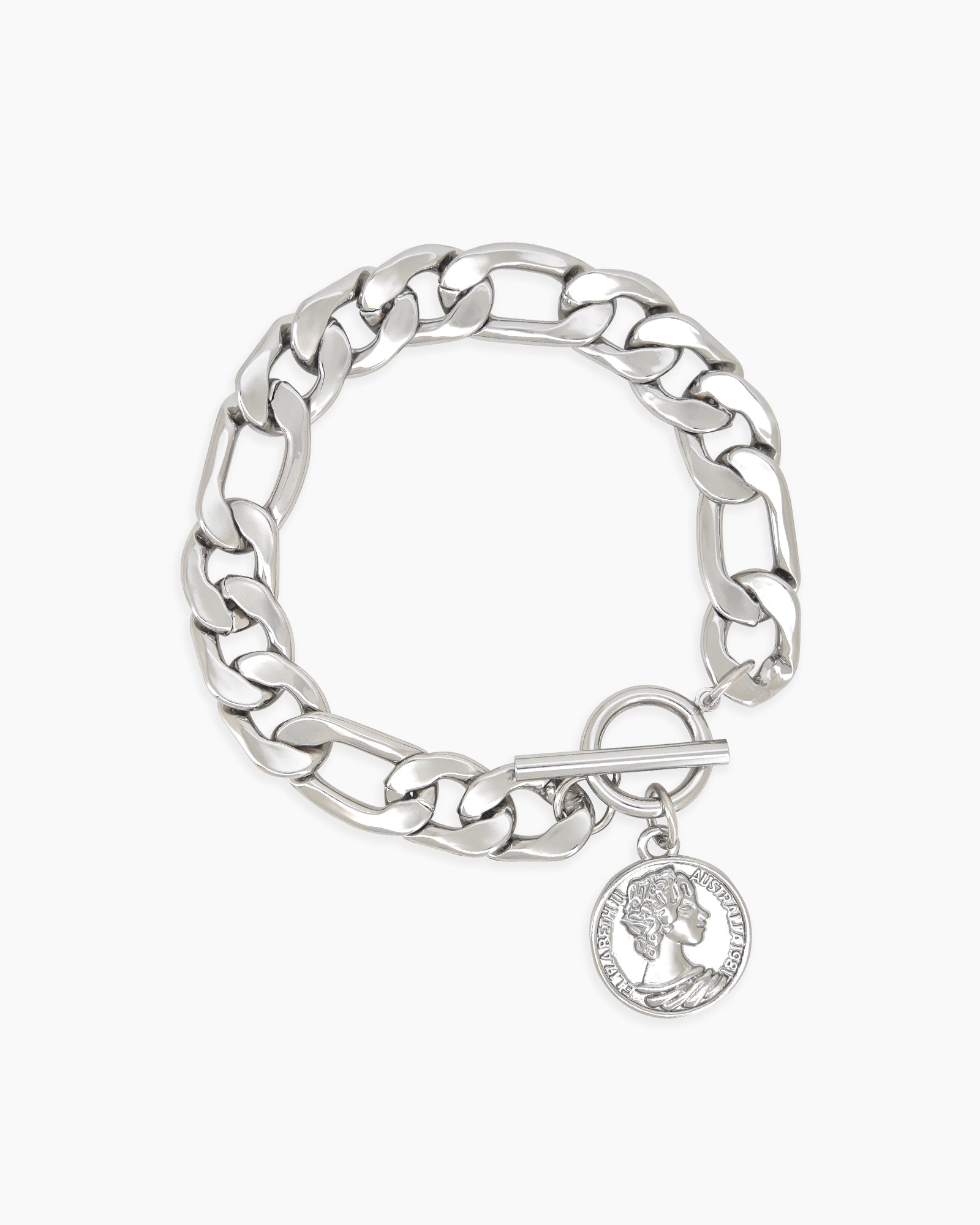 A silver bracelet with chunky chain links, a toggle clasp, and a medallion-style coin charm