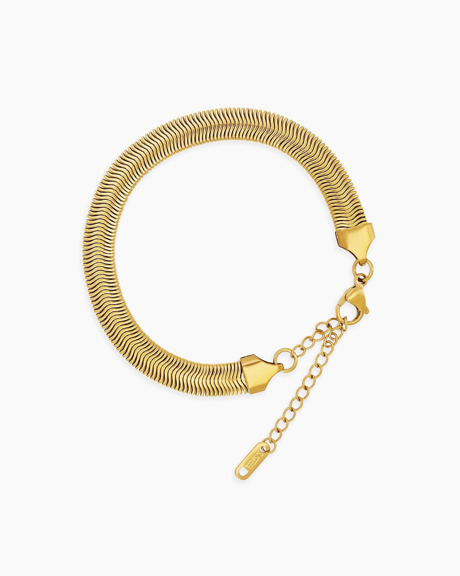 A bracelet made with a wide gold-tone snake chain that is flexible, flowing, and polished