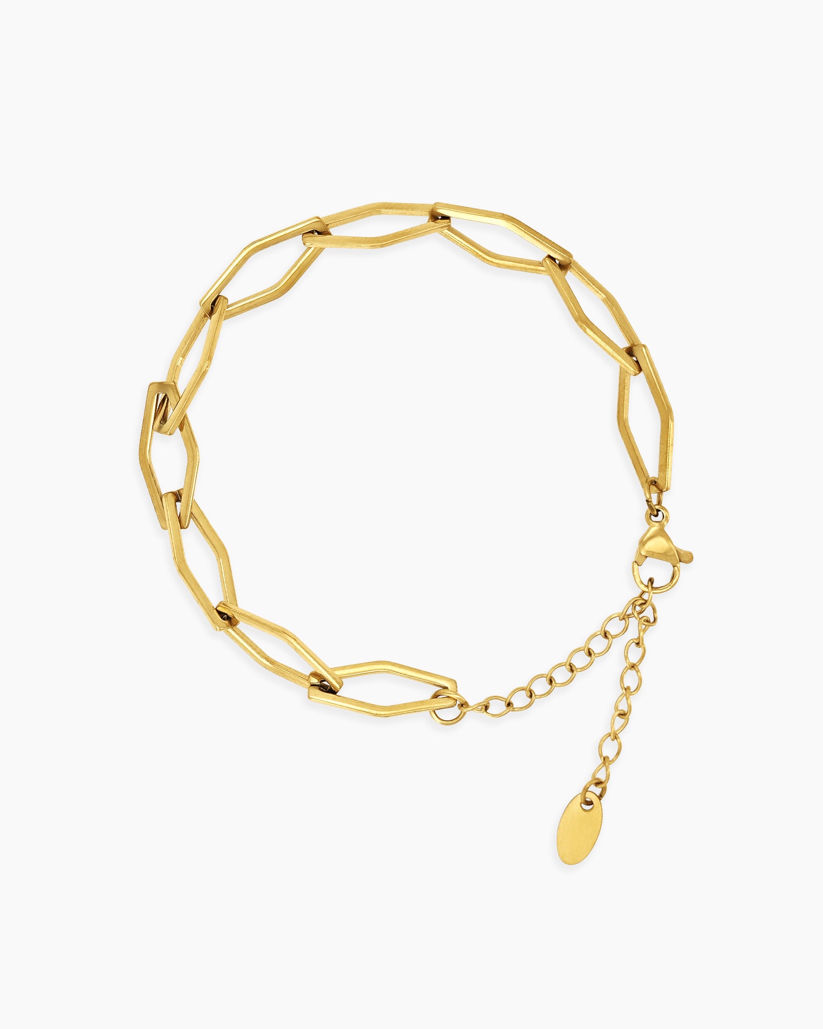 A bracelet in style A featuring geometric links in a rich gold-tone finish with an adjustable chain