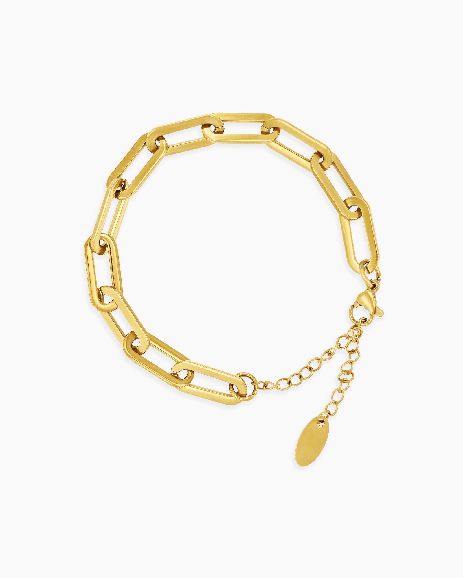 A bracelet in style B featuring angular links in a rich gold-tone finish with an adjustable chain