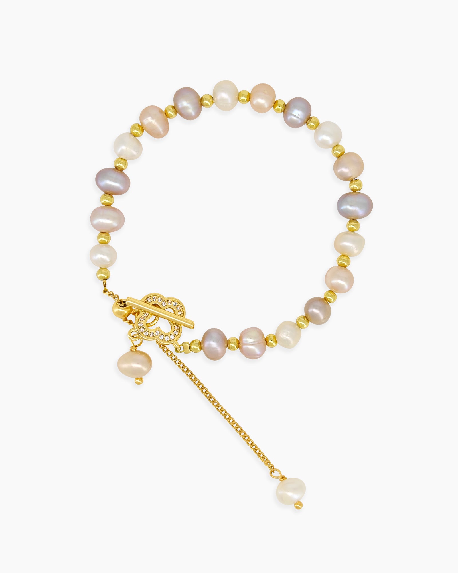 A bracelet of naturally irregular freshwater pearls in dreamy pink, lavender, and ivory