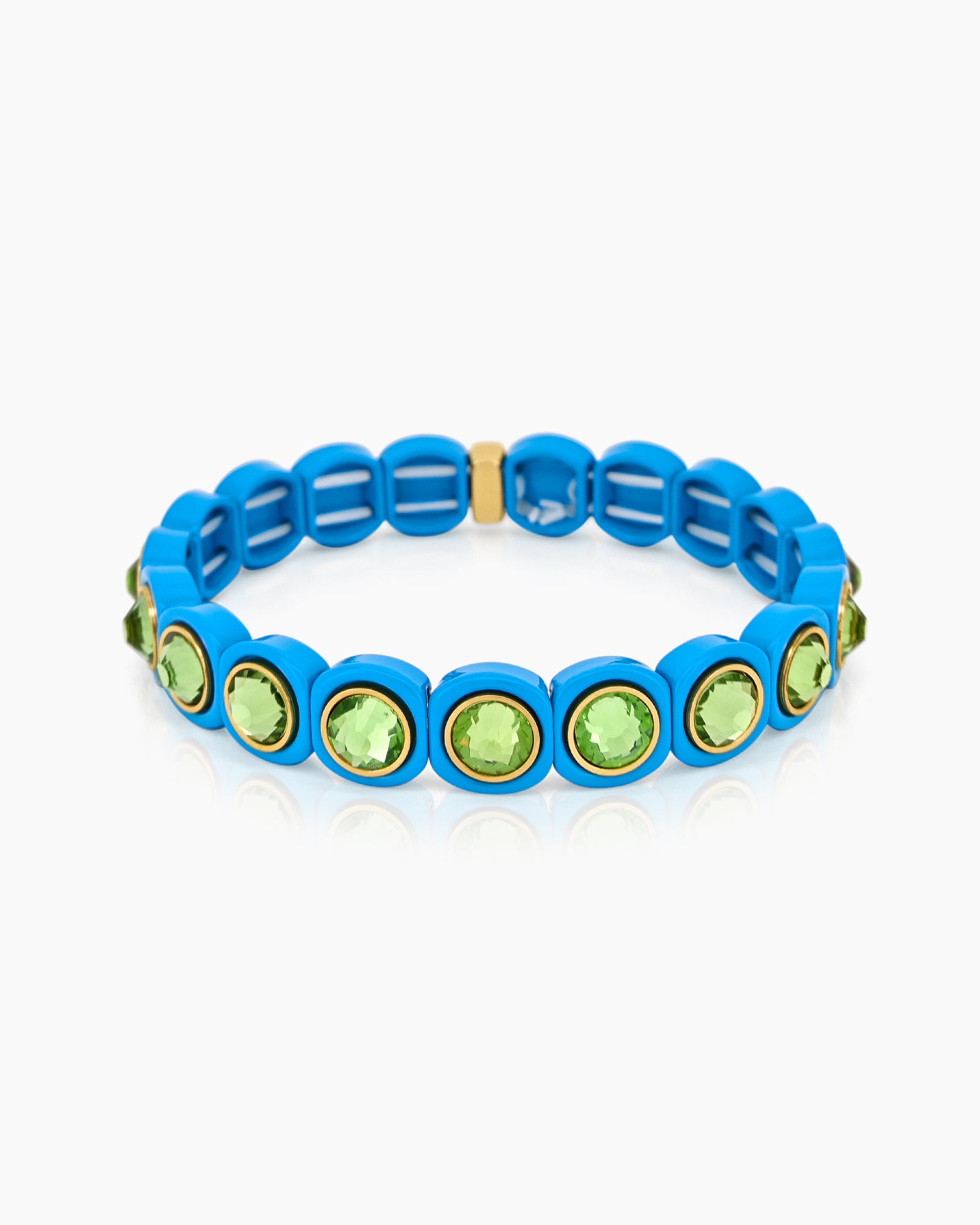 A blue-green stretch bracelet with glossy links set with iridescent crystal stones for a playful flair
