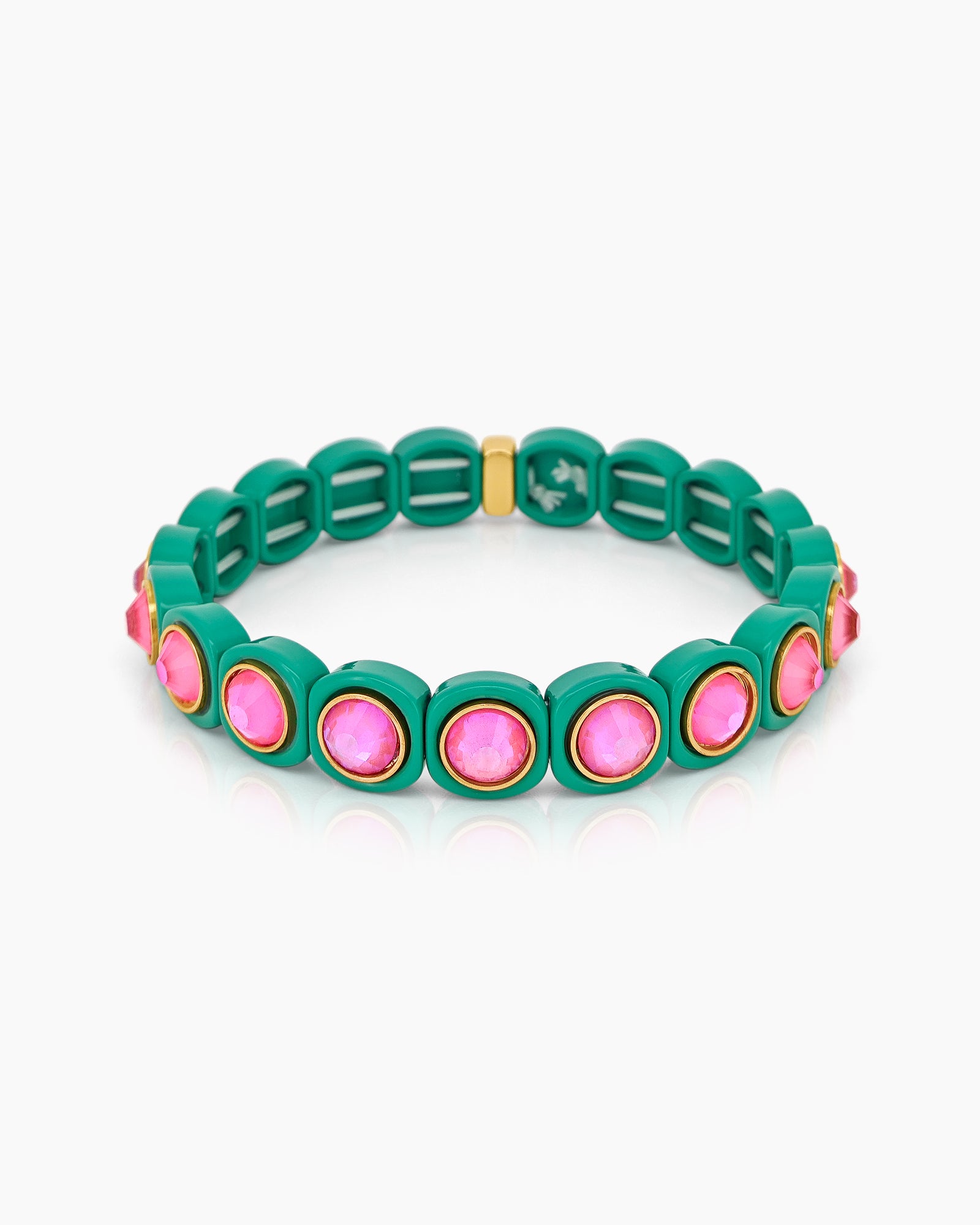 A green-pink stretch bracelet with glossy links set with iridescent crystal stones for a playful flair