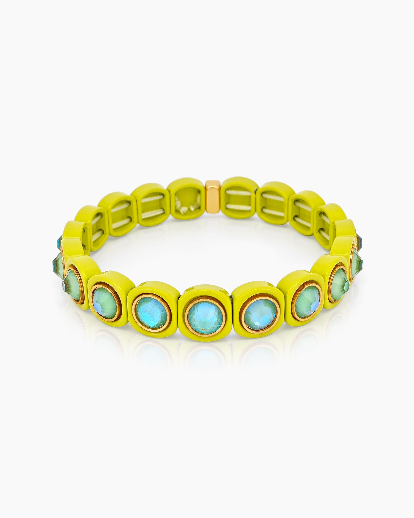 A lime-blue stretch bracelet with glossy links set with iridescent crystal stones for a playful flair