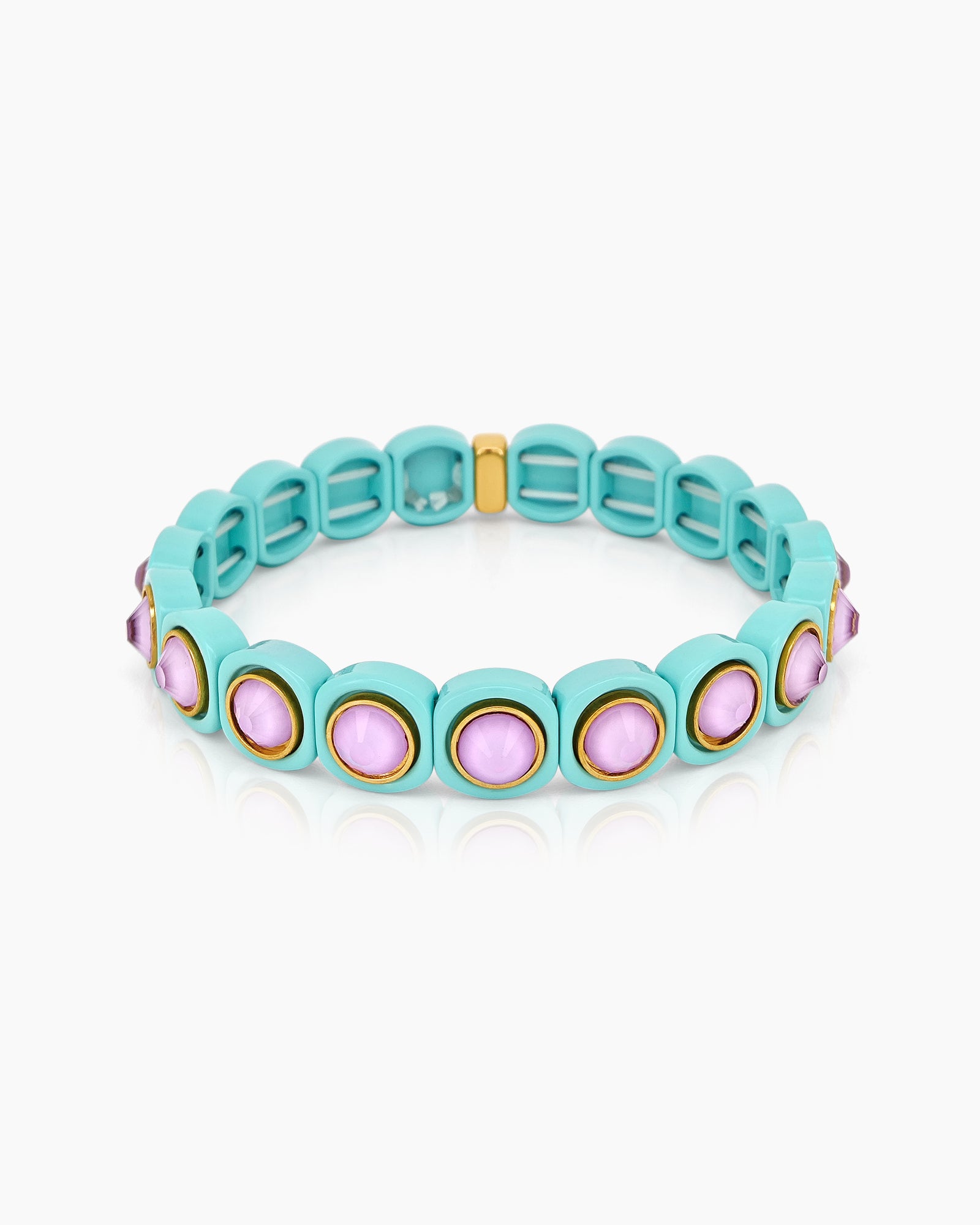 A mint-purple stretch bracelet with glossy links set with iridescent crystal stones for a playful flair