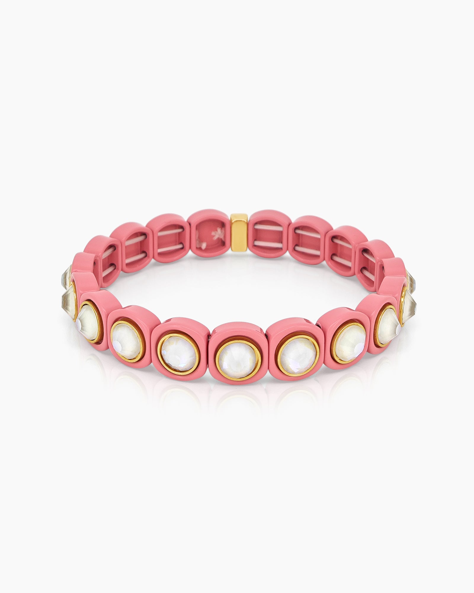 A pink-white stretch bracelet with glossy links set with iridescent crystal stones for a playful flair
