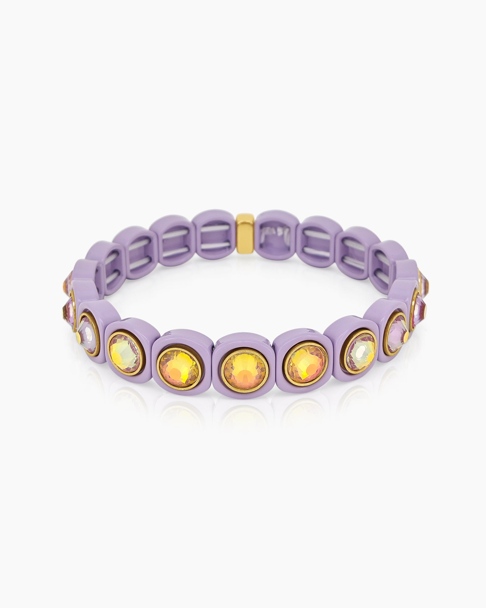 A purple-orange stretch bracelet with glossy links set with iridescent crystal stones for a playful flair