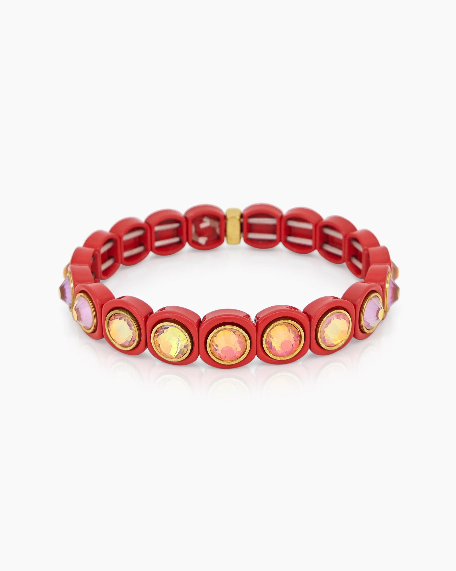 A red-white stretch bracelet with glossy links set with iridescent crystal stones for a playful flair
