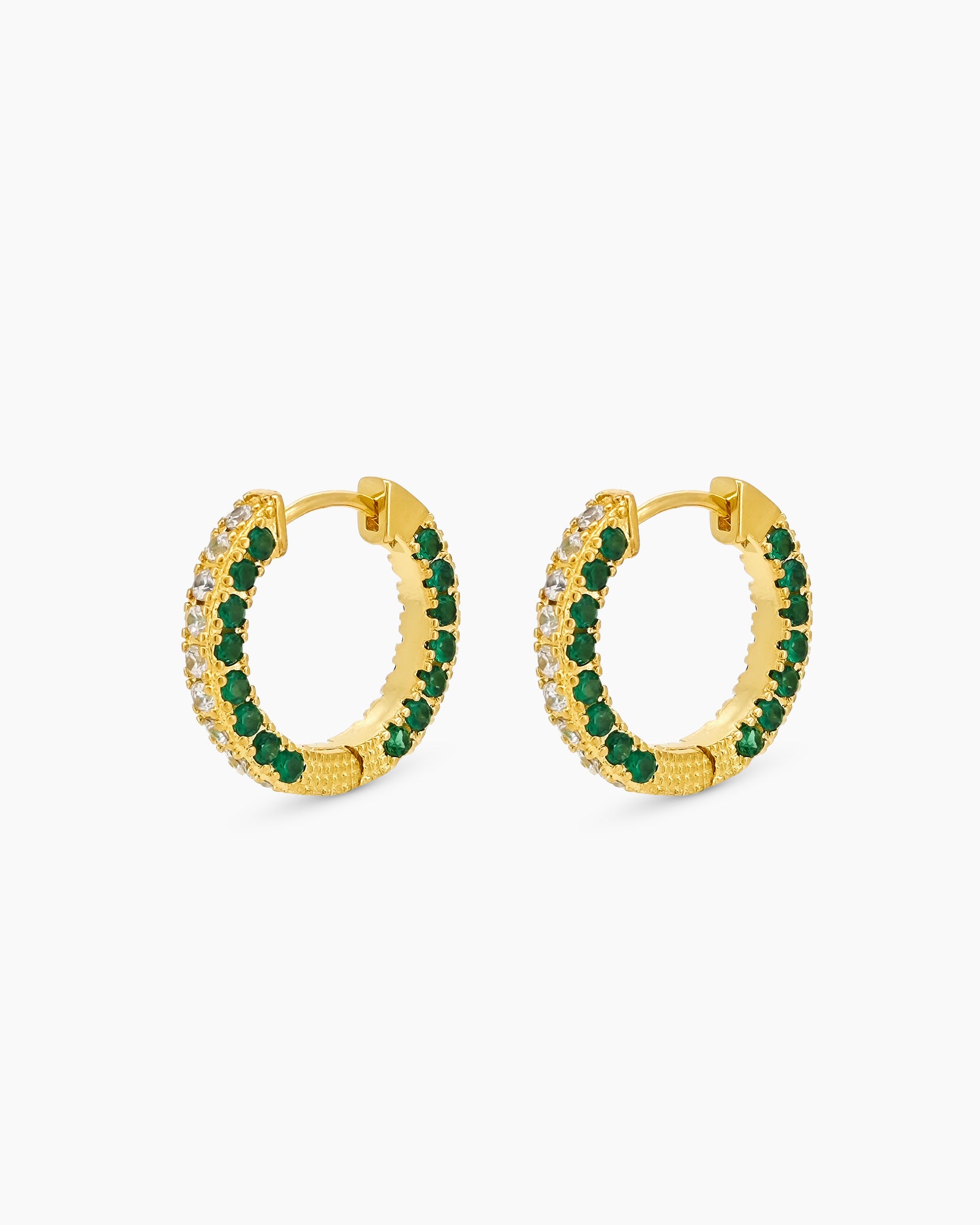 Chunky gold-green hoops with two radiant rows of pavé-set zircons for dazzling, daily glam