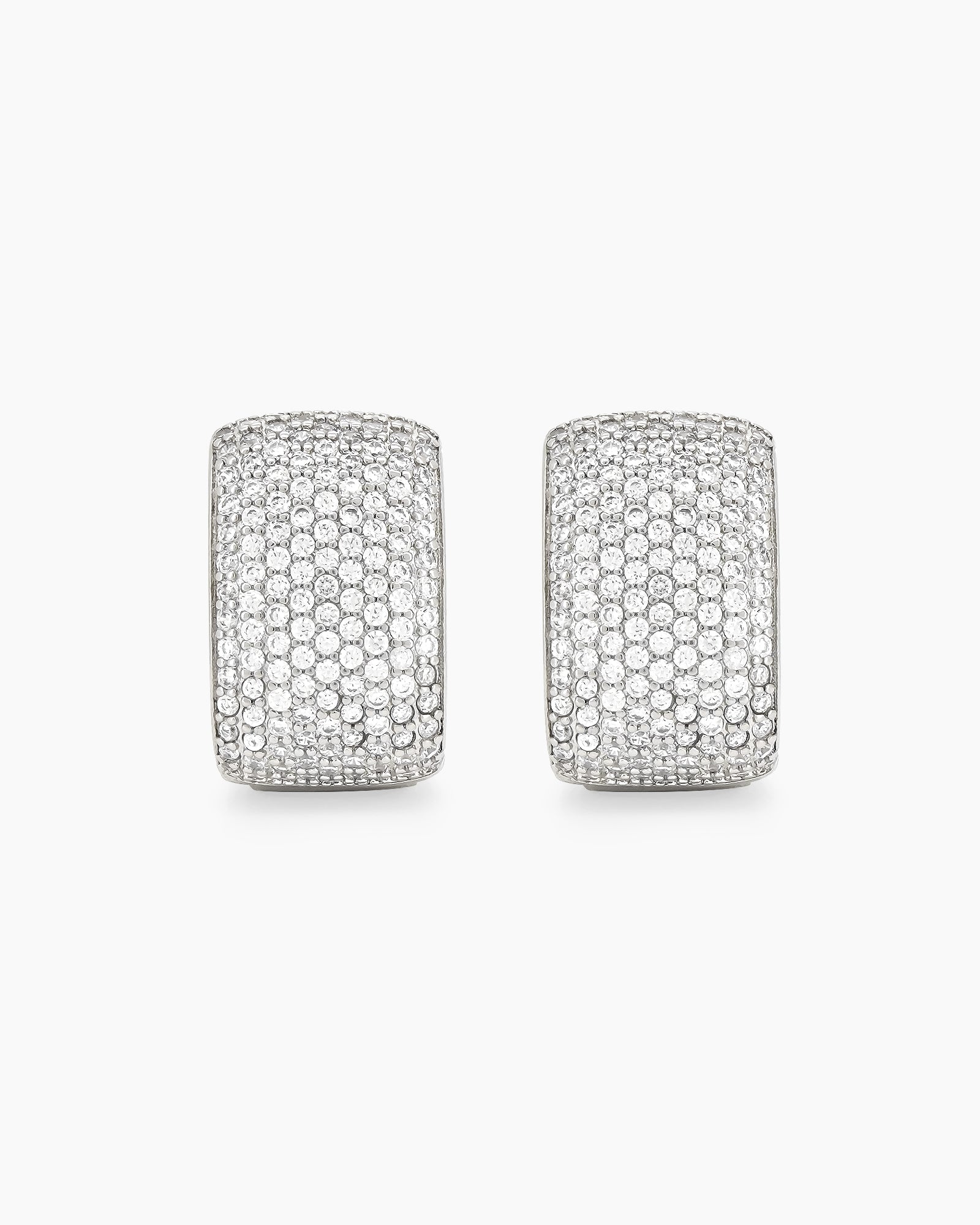 Statement earrings in a bold rectangular silhouette, encrusted with a full pavé of micro-set white zircons
