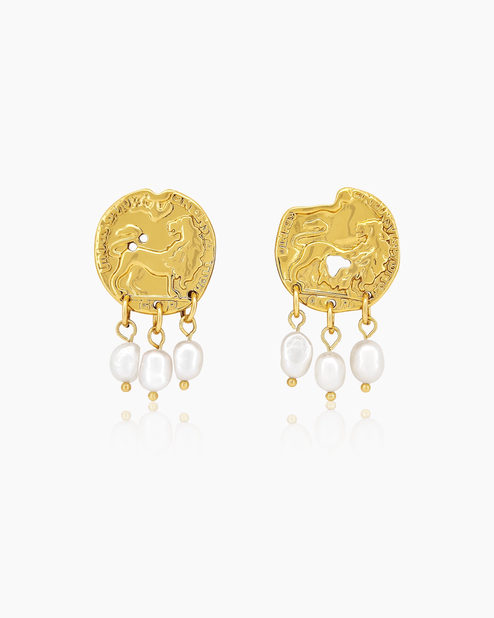 Gold-tone coin stud earrings etched with mythical creatures, with dangling freshwater pearls for allure