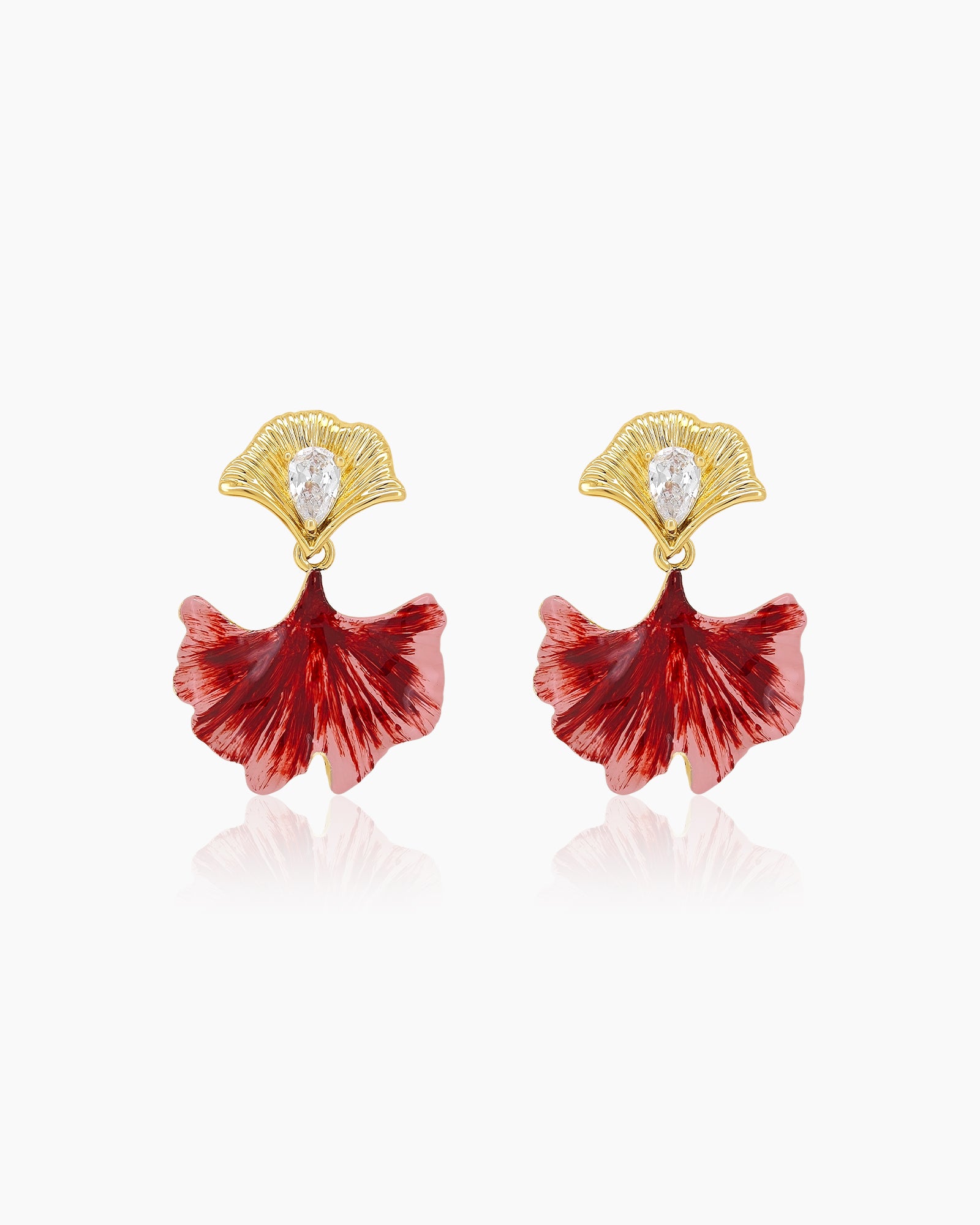 Statement earrings with crimson and pink hand-painted enamel drops and pear-cut white zircon tops