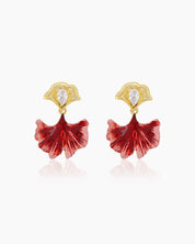Statement earrings with crimson and pink hand-painted enamel drops and pear-cut white zircon tops