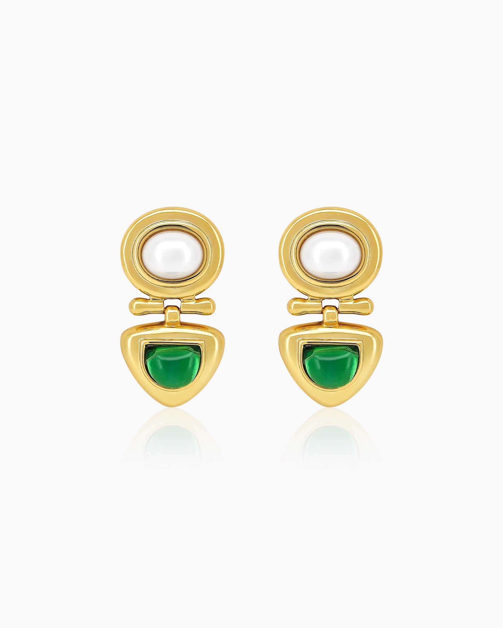 Artistic drop earrings with pearlescent shine, deep green crystal stones, and gold-plated forms