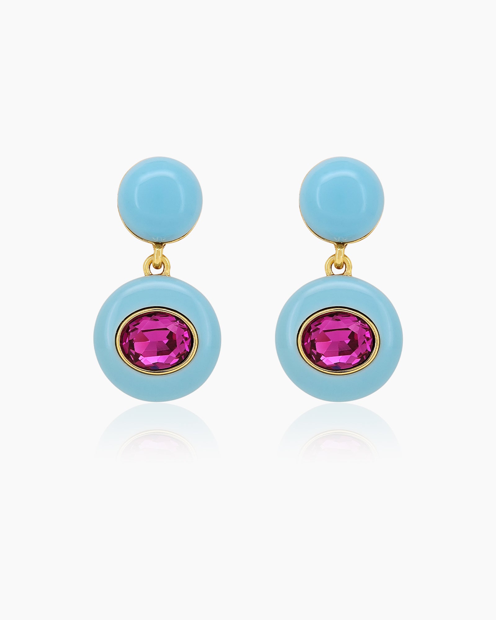 Retro double-drop earrings with glossy sky blue enamel and brilliant magenta rhinestone centers