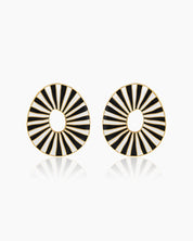 Black oval earrings with radiant enamel stripes in a sunburst pattern for a retro glamour look