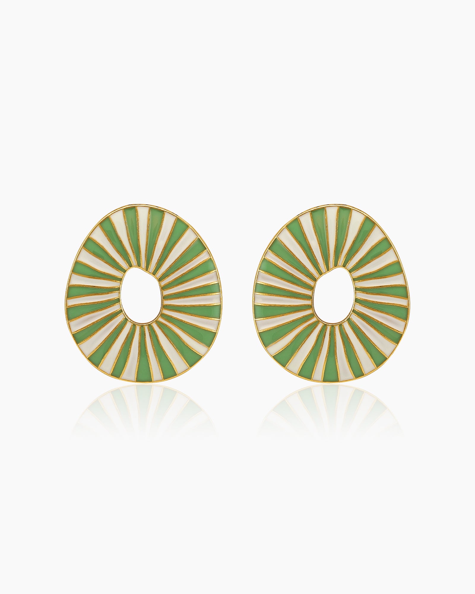 Light-green oval earrings with radiant enamel stripes in a sunburst pattern for a retro glamour look