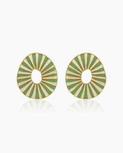 Light-green oval earrings with radiant enamel stripes in a sunburst pattern for a retro glamour look