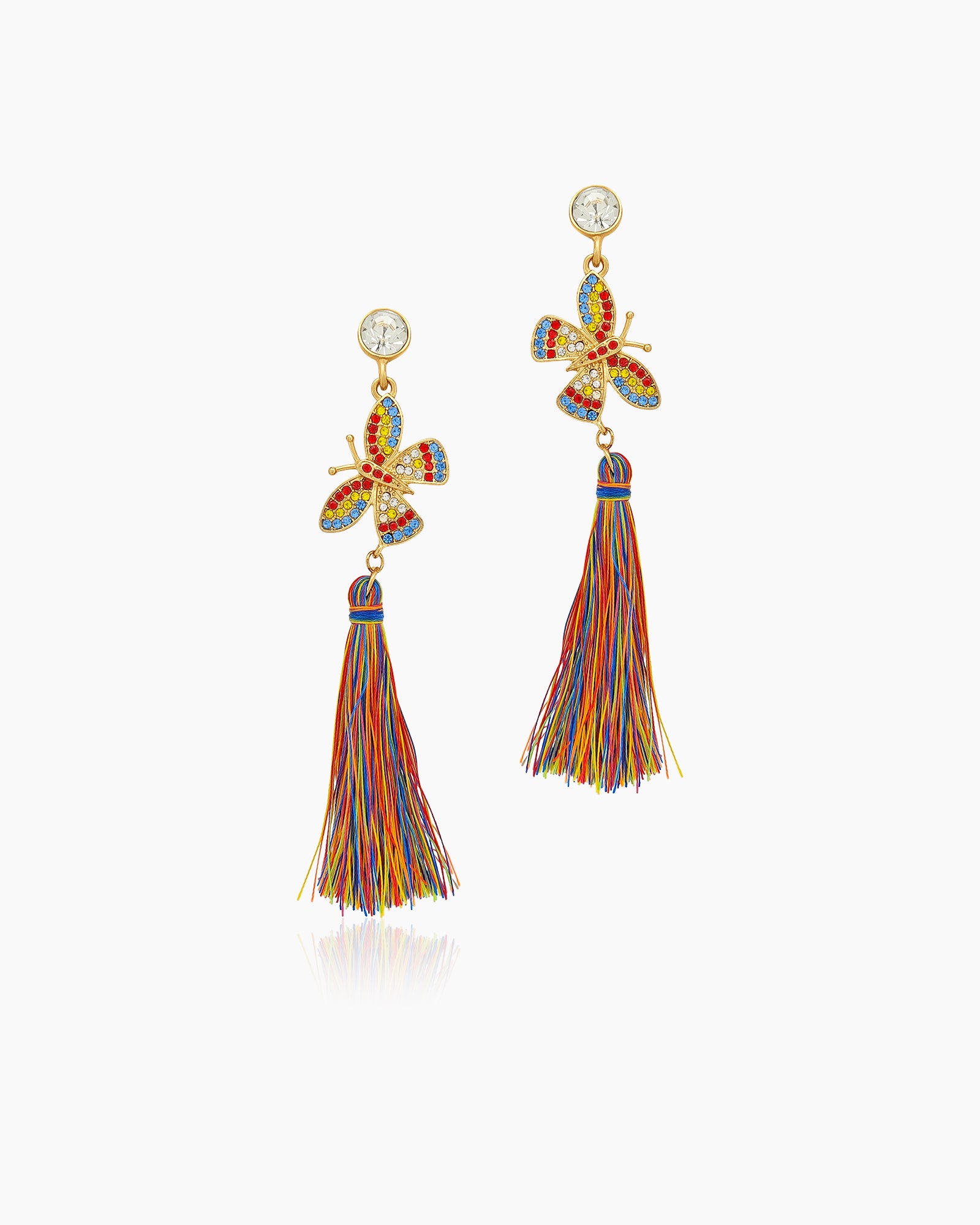 Statement earrings with multicolor crystal butterflies and lush rainbow-hued tassels for a vibrant look