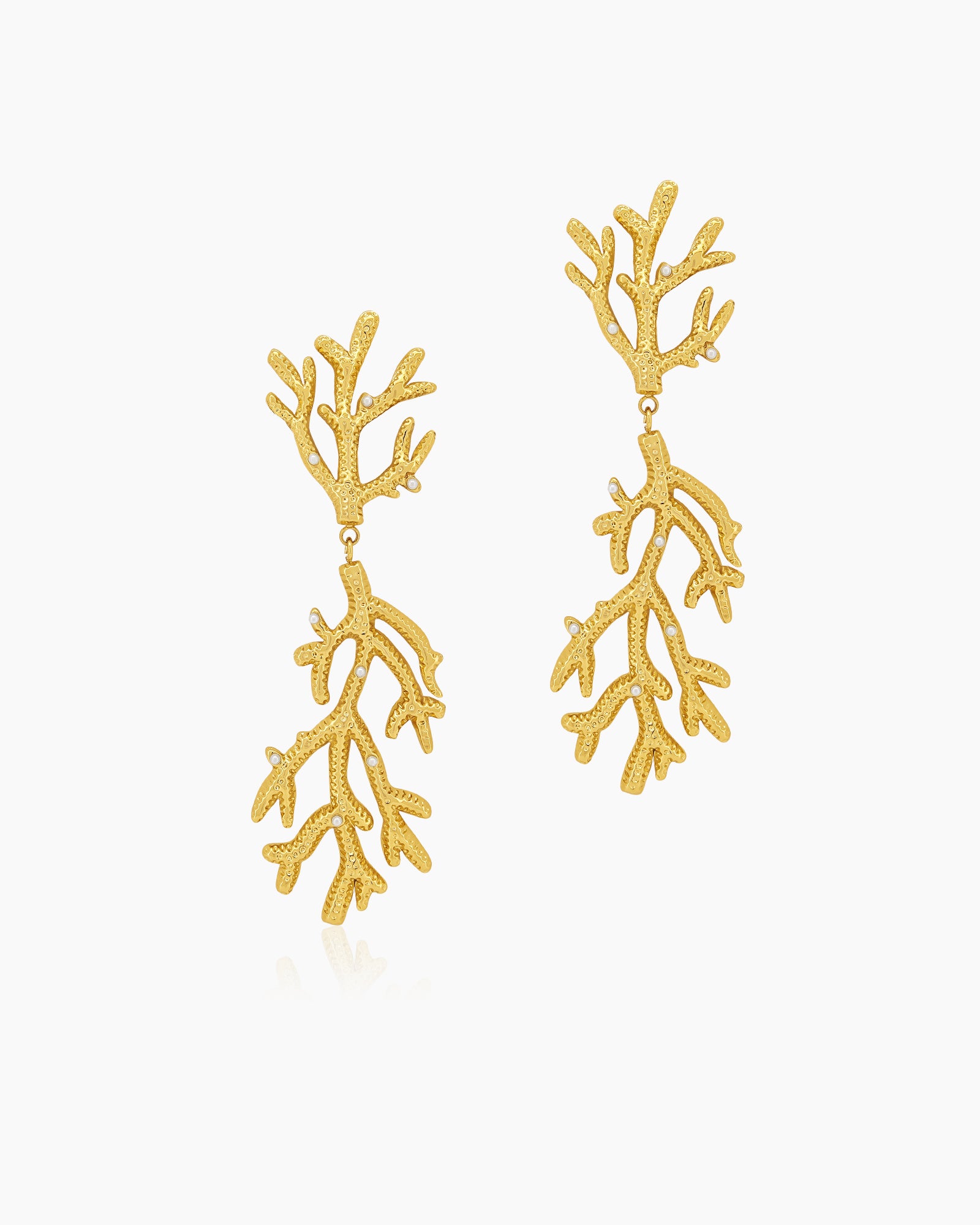 Artful statement earrings of hammered gold coral branches adorned with scattered faux pearls