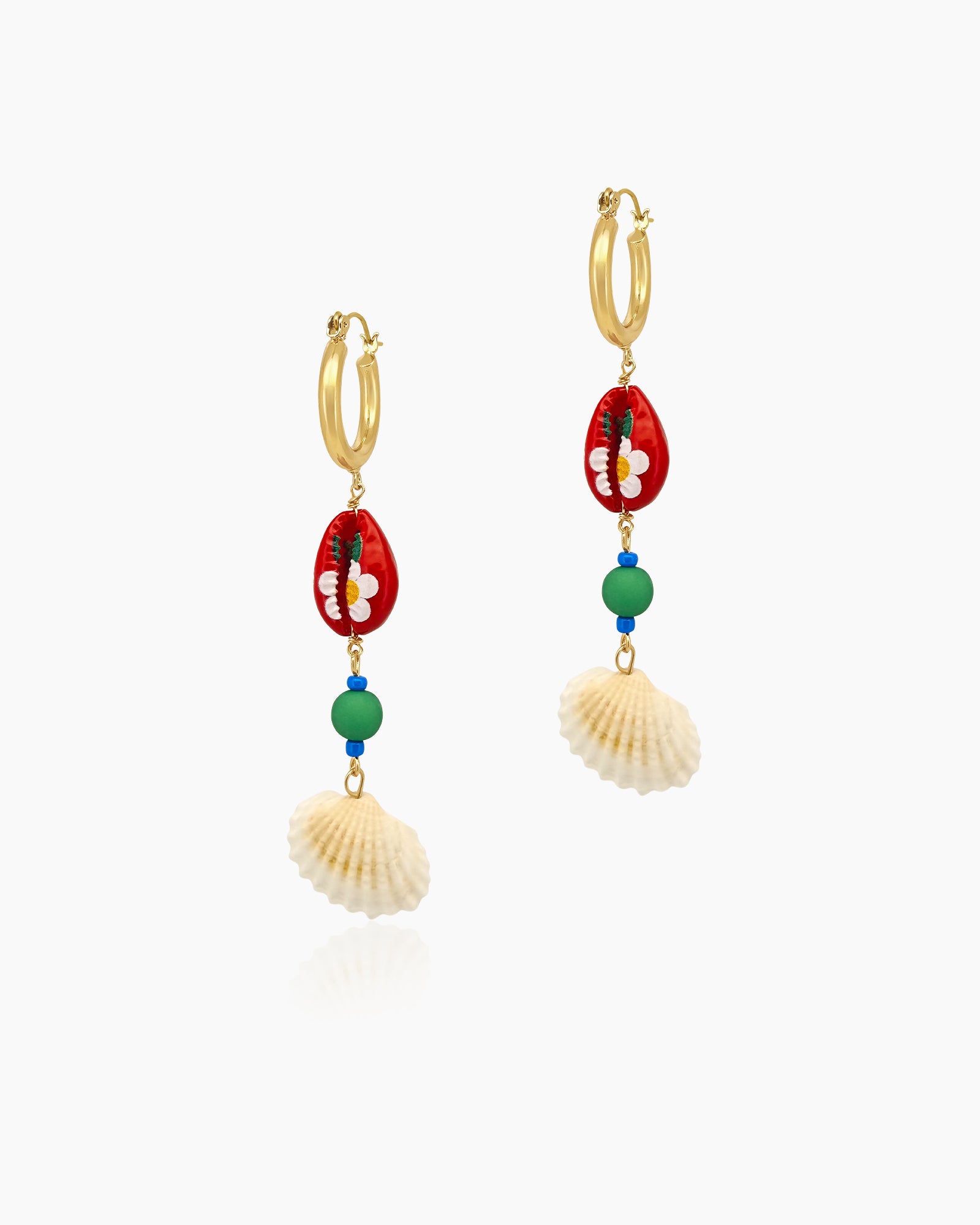 Tropical drop earrings with a hand-painted red cowrie shell, playful beads, and a real seashell drop