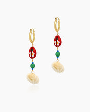 Tropical drop earrings with a hand-painted red cowrie shell, playful beads, and a real seashell drop