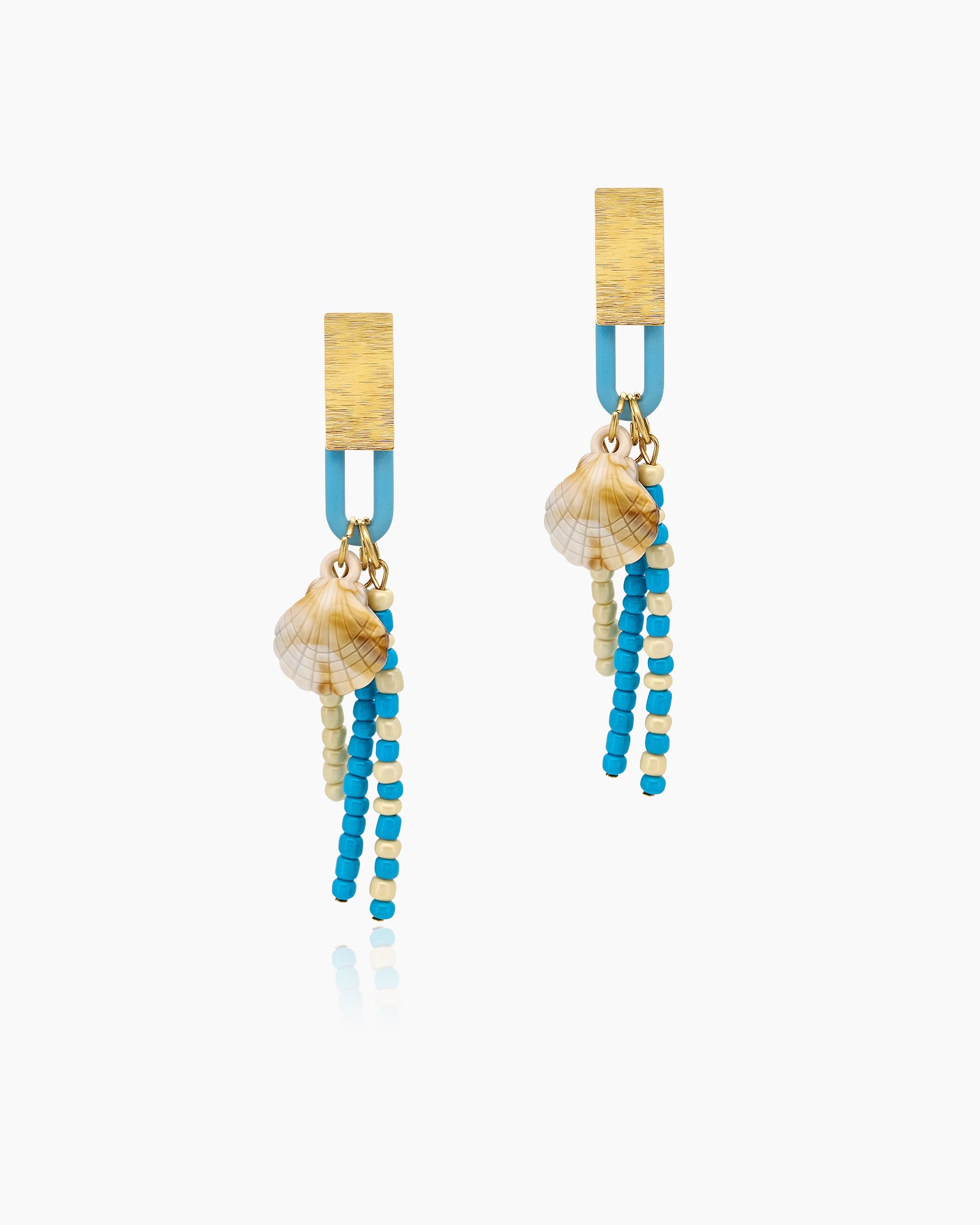 Tassel earrings with strands of hand-strung beads, shell accents, and brushed gold rectangles