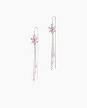 Pink tassel earrings with pink-hued zircon blossoms and cascading silver-tone chains