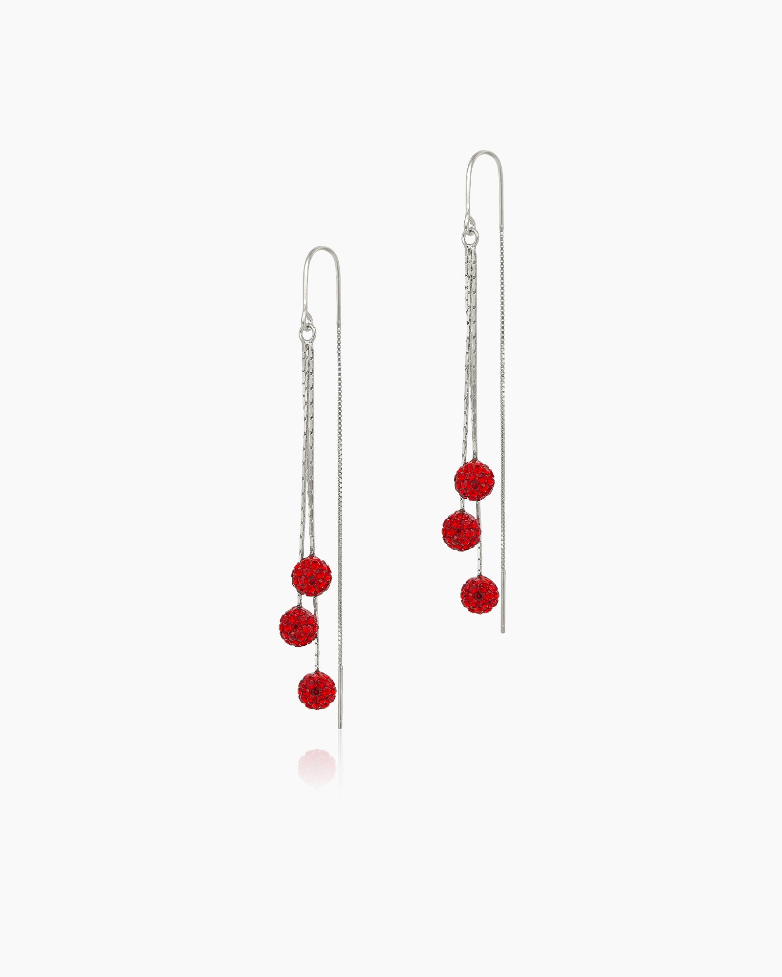 Earrings with cascading silver-tone chains finished in clusters of deep cherry red crystal beads