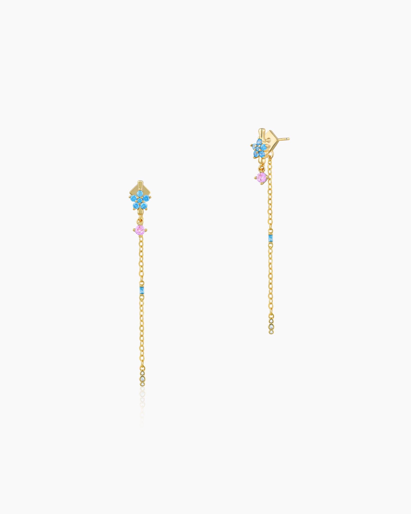 Dangle earrings with delicate gold-tone chains, dainty blue and pink zircon stones, and floral accents