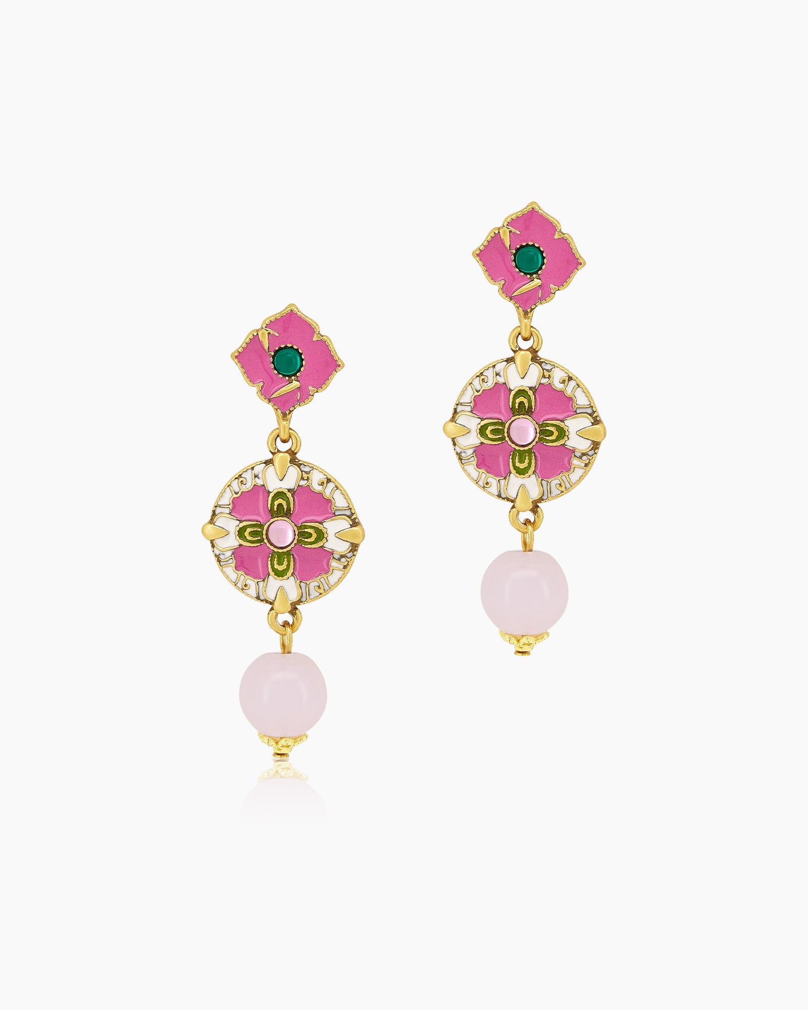 Artistic statement earrings with a square enamel stud, a round floral medallion, and a pink crystal bead