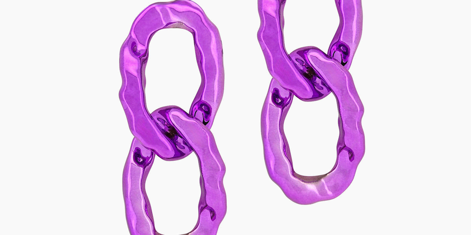 Glamorous purple earrings with oversized interlocking links and a high-shine, mirror-like finish