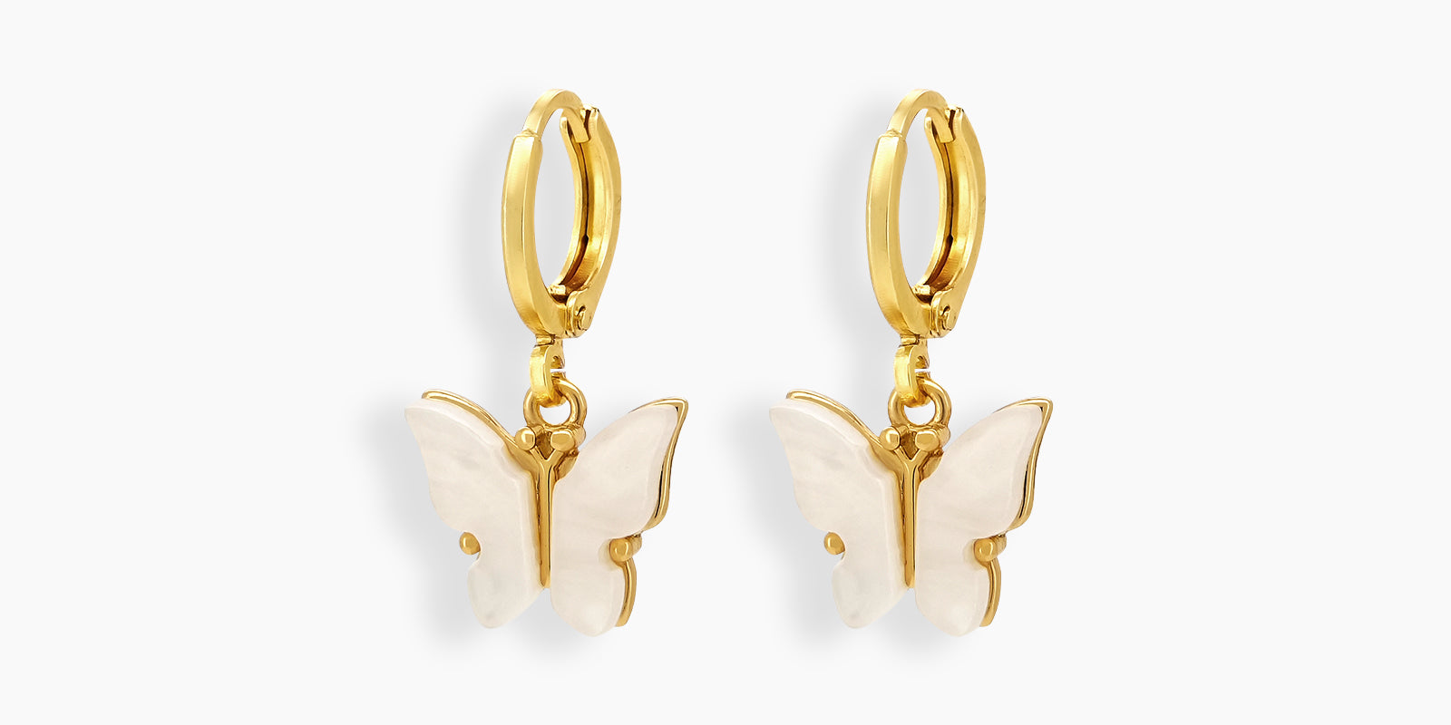 Dainty huggie hoop earrings with mother-of-pearl butterfly wings in radiant gold-tone frames