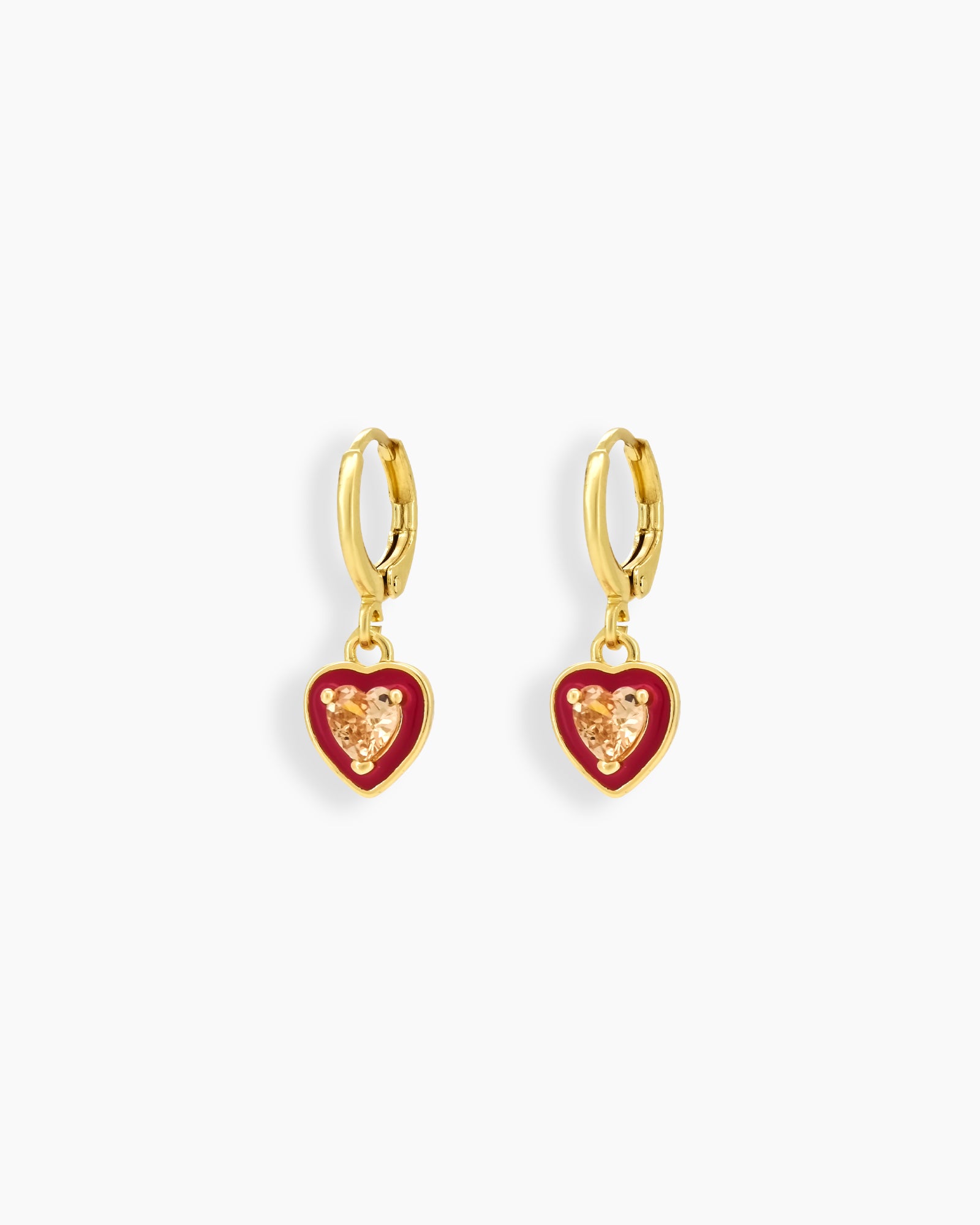 Dark Pink Heart earrings with glossy enamel frames and sparkling stones in heart and teardrop shapes
