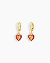 Dark Pink Heart earrings with glossy enamel frames and sparkling stones in heart and teardrop shapes