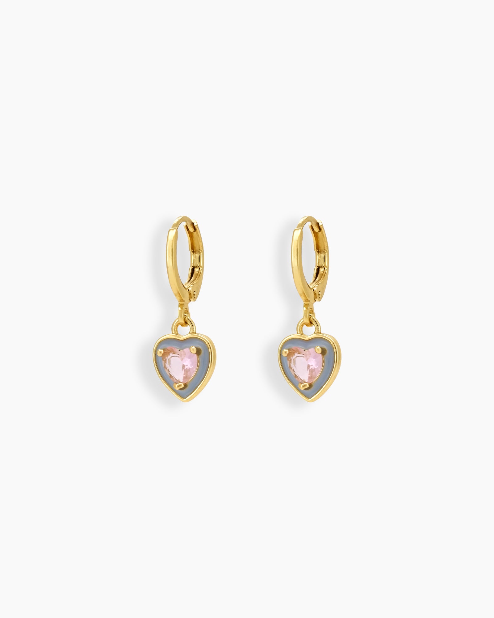 Grey Heart earrings with glossy enamel frames and sparkling stones in heart and teardrop shapes