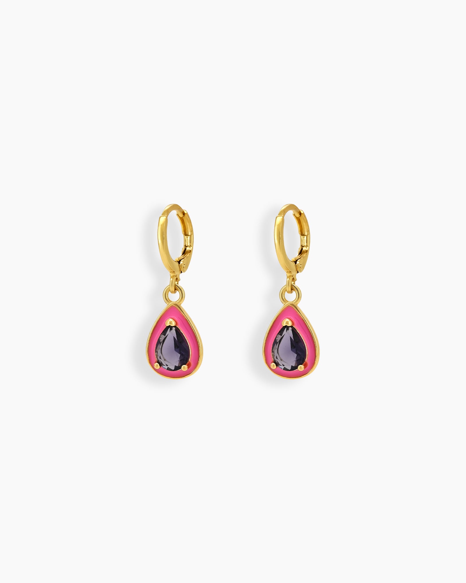Pink Drop earrings with glossy enamel frames and sparkling stones in heart and teardrop shapes