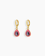 Pink Drop earrings with glossy enamel frames and sparkling stones in heart and teardrop shapes