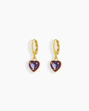 Pruple Heart earrings with glossy enamel frames and sparkling stones in heart and teardrop shapes