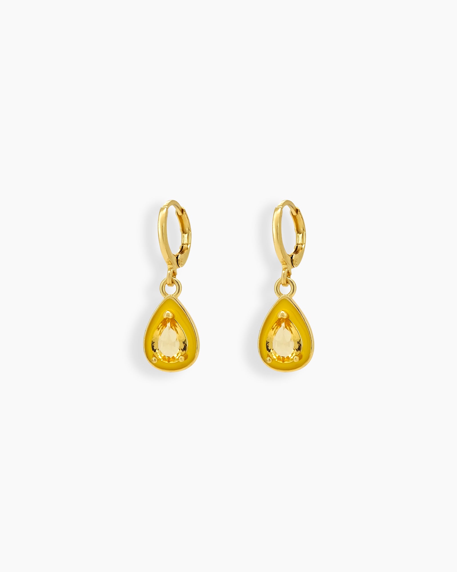 Yellow Drop earrings with glossy enamel frames and sparkling stones in heart and teardrop shapes
