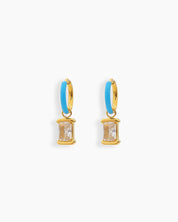 Blue mini hoops with a glossy enamel finish and a dazzling rectangular-cut cubic zirconia drop