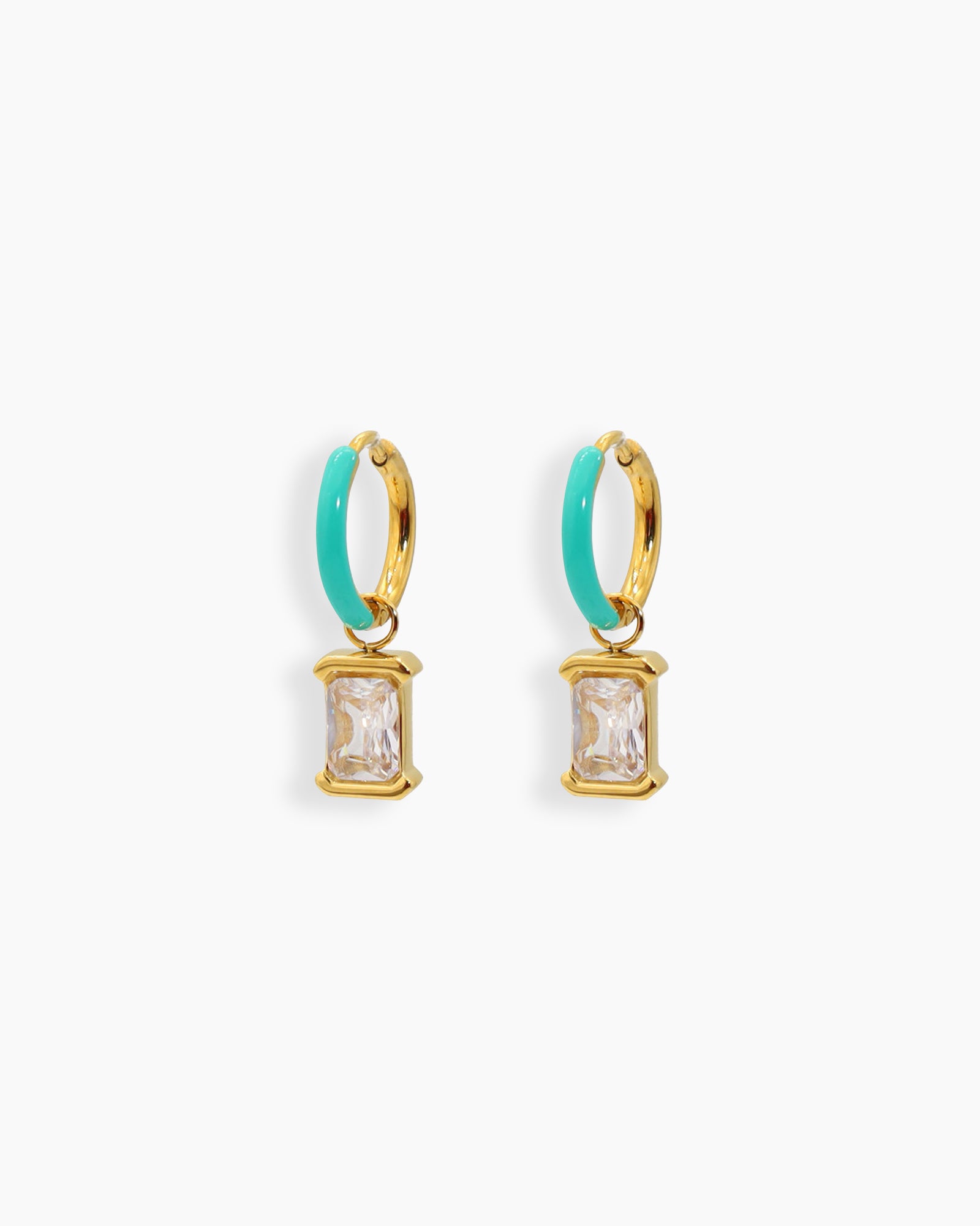 Green mini hoops with a glossy enamel finish and a dazzling rectangular-cut cubic zirconia drop