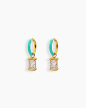 Green mini hoops with a glossy enamel finish and a dazzling rectangular-cut cubic zirconia drop