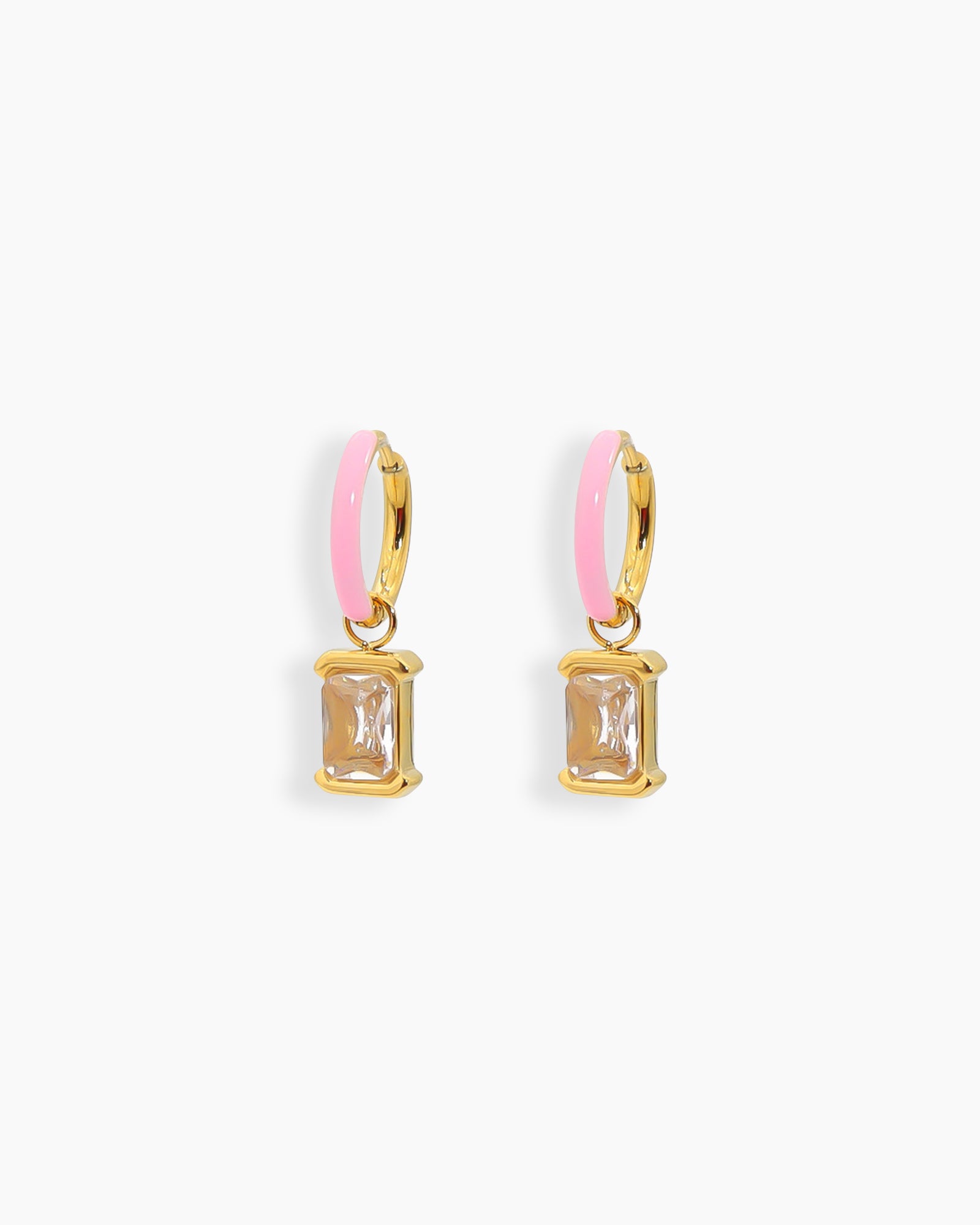 Pink mini hoops with a glossy enamel finish and a dazzling rectangular-cut cubic zirconia drop