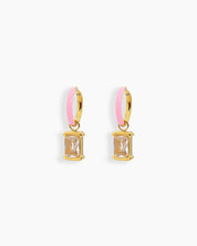 Pink mini hoops with a glossy enamel finish and a dazzling rectangular-cut cubic zirconia drop