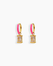 Purple-pink mini hoops with a glossy enamel finish and a dazzling rectangular-cut cubic zirconia drop